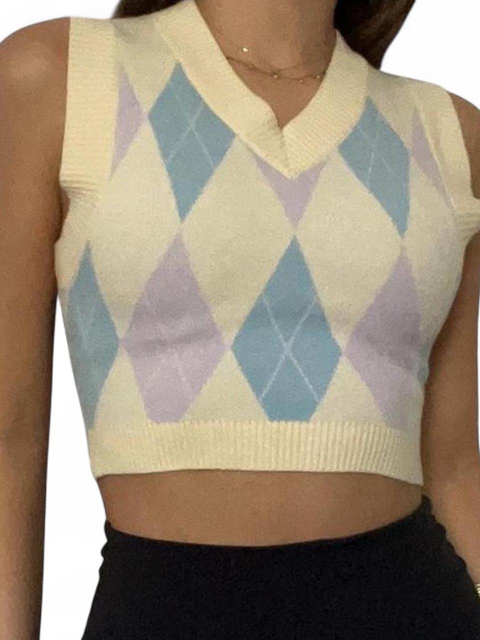 Urban Outfitters Cream Argyle Knit Crop Vest With Pastel Blue & Lilac Diamonds